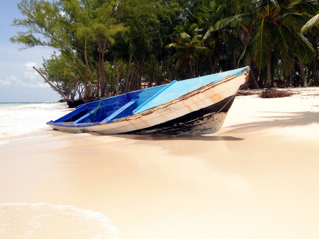 Boot am Strand. Im Hintergrund das Meer und Bäume.