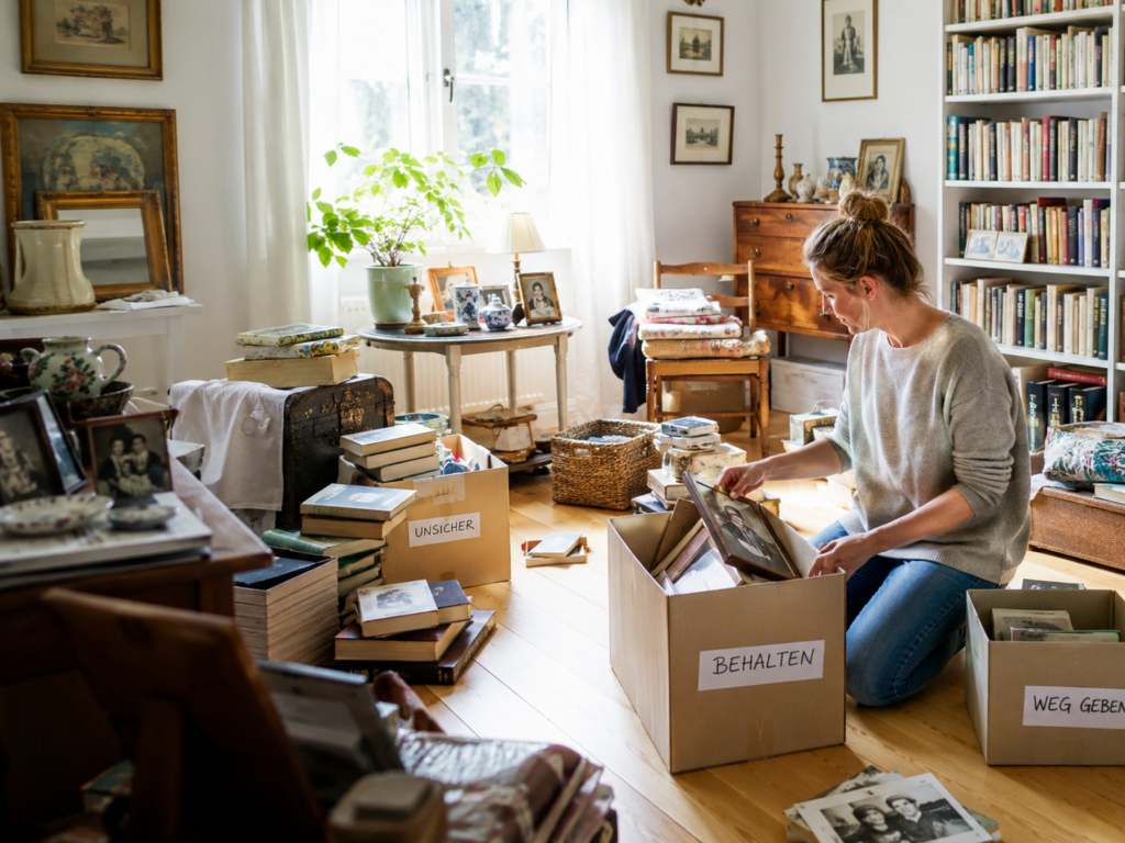 Eine junge Frau r&auml;umt in einem Zimmer mit vollen B&uuml;cherregalen, alten M&ouml;beln, gemalten Bildern und Fotos. Auf dem Boden stehen Kartons mit der Aufschrift Unsicher, behalten, weggeben.