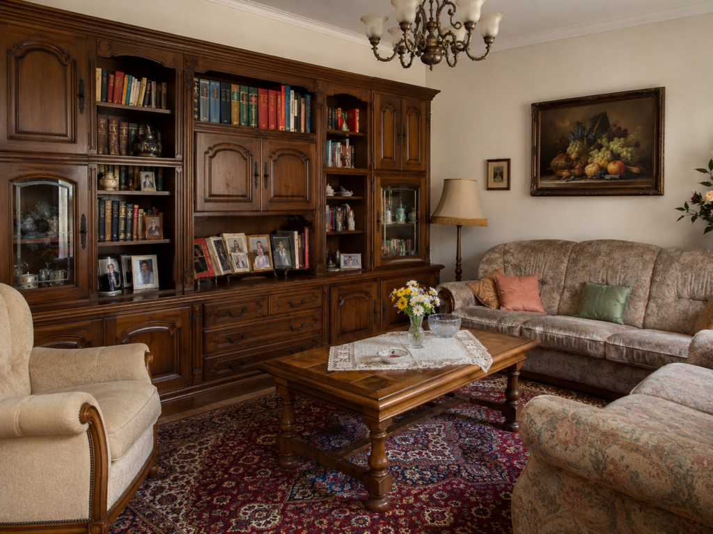 Wohnzimmer mit altmodischer Eichenschrankwand, Eichencoauchtisch, Perserteppich und einem Stilleben mti Fr&uuml;chten an der Wand. In der Schrankwand stehen B&uuml;cher und alte Fotos einer Familie.